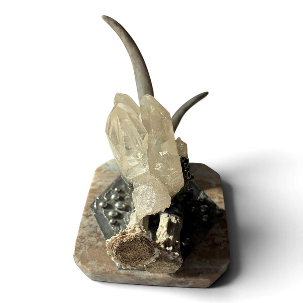 Marble Treasure Box w/ White-Tail Antler & Quartz Crystal Cluster, Sterling Silver Detail