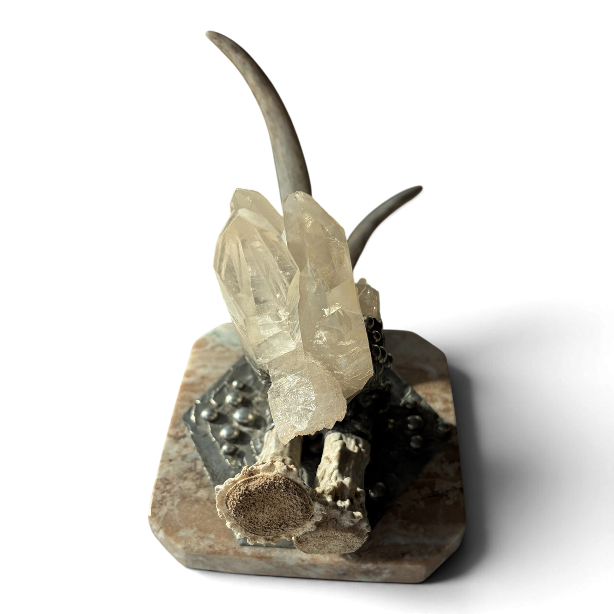 Marble Treasure Box w/ White-Tail Antler & Quartz Crystal Cluster, Sterling Silver Detail