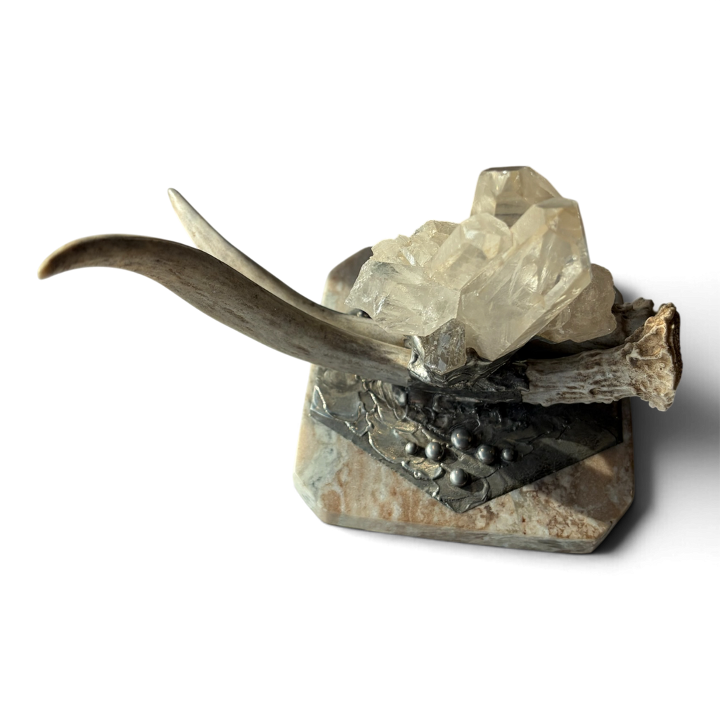 Marble Treasure Box w/ White-Tail Antler & Quartz Crystal Cluster, Sterling Silver Detail