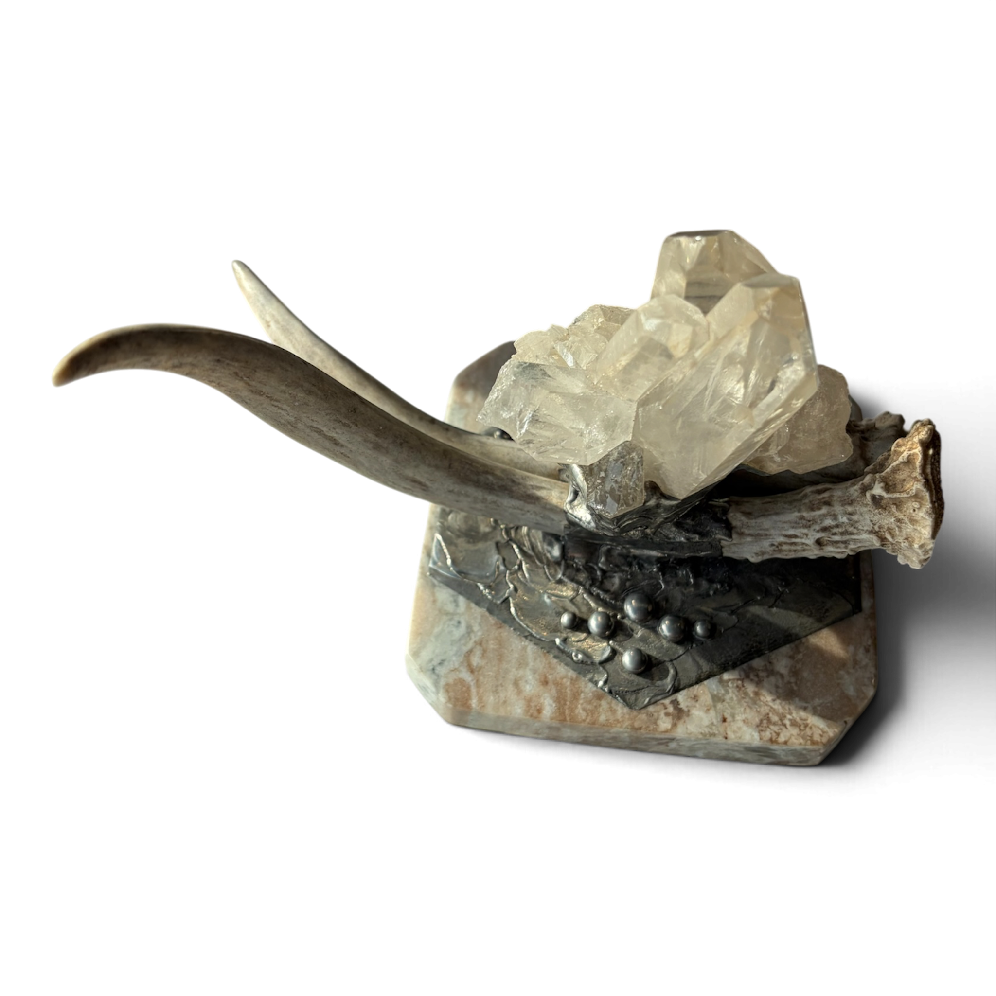 Marble Treasure Box w/ White-Tail Antler & Quartz Crystal Cluster, Sterling Silver Detail