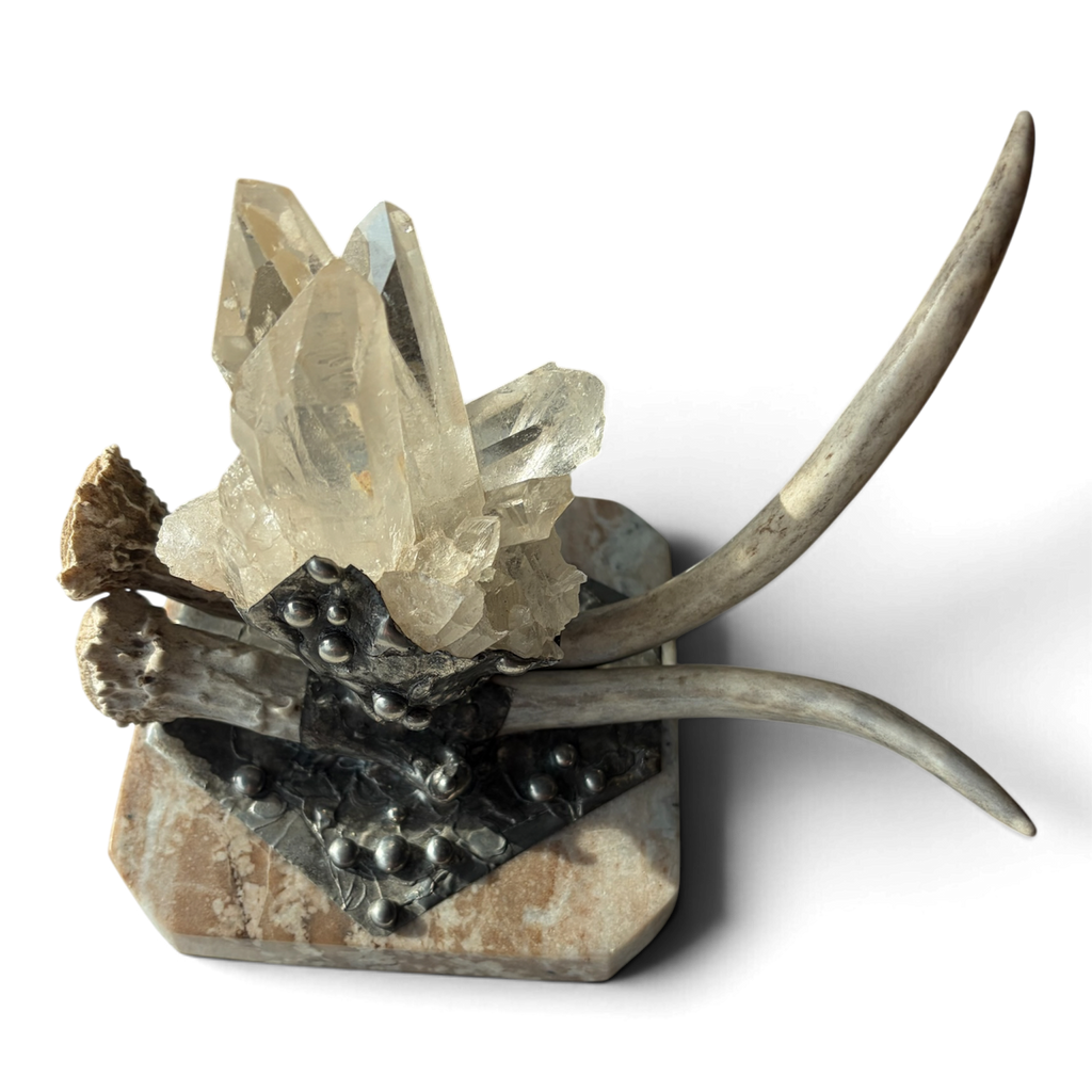 Marble Treasure Box w/ White-Tail Antler & Quartz Crystal Cluster, Sterling Silver Detail