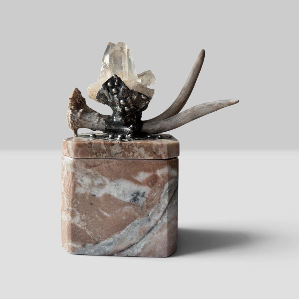 Marble Treasure Box w/ White-Tail Antler & Quartz Crystal Cluster, Sterling Silver Detail