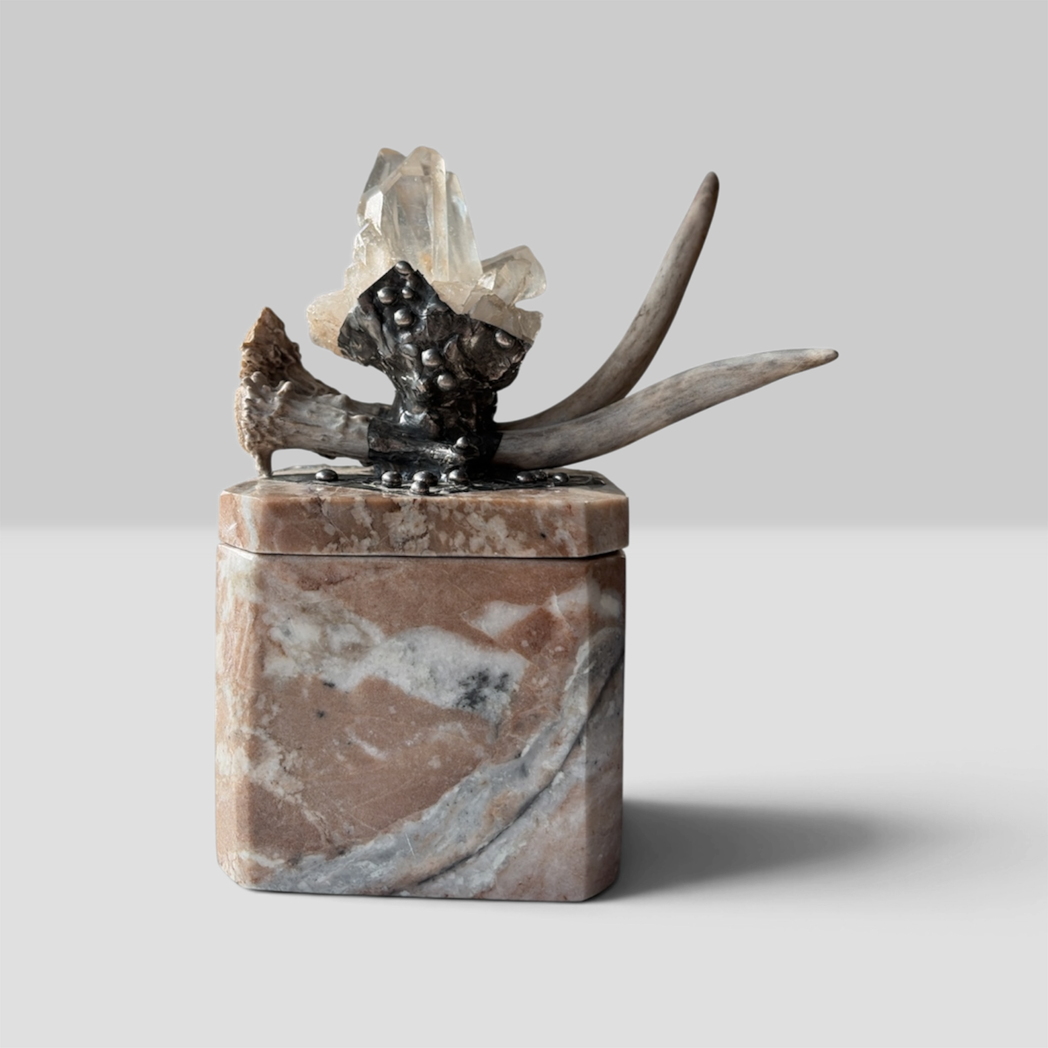 Marble Treasure Box w/ White-Tail Antler & Quartz Crystal Cluster, Sterling Silver Detail
