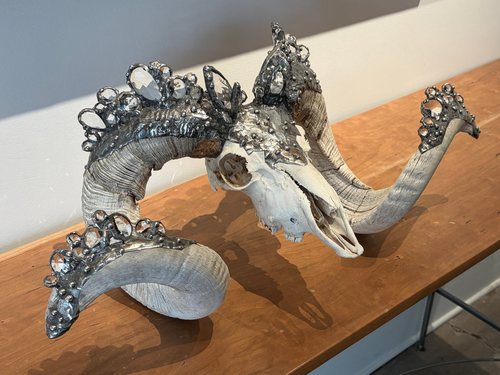 The Ram — Embellished Skull with Antique Chandelier Crystals & Hand-Soldered Silver