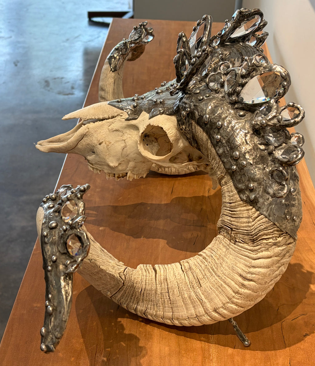 The Ram — Embellished Skull with Antique Chandelier Crystals & Hand-Soldered Silver