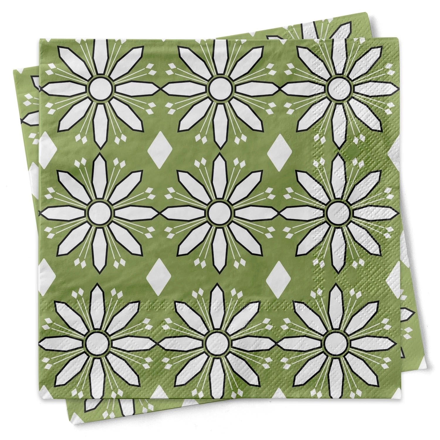 Green and White Mid Century Modern Flower Cocktail Napkin