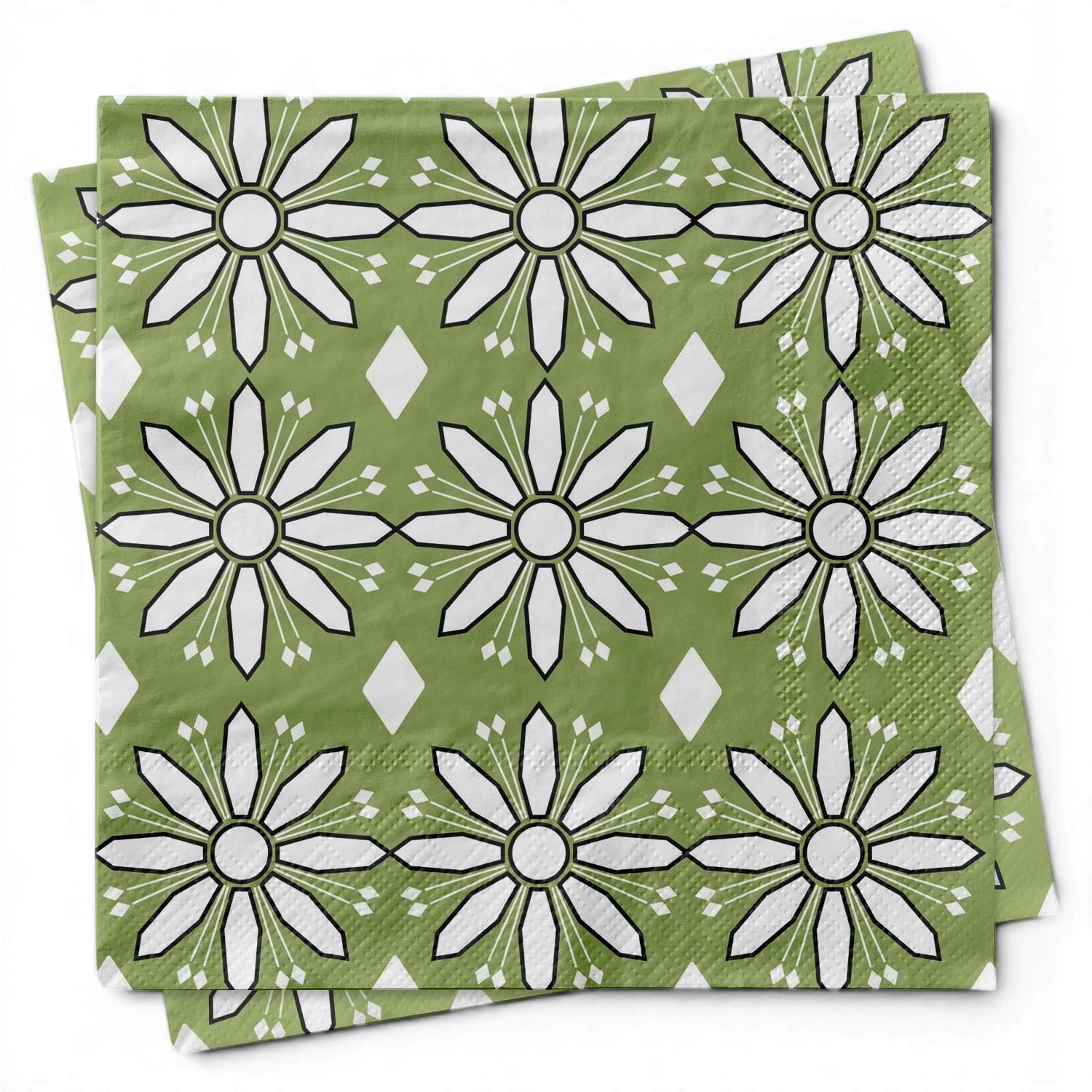 Green and White Mid Century Modern Flower Cocktail Napkin
