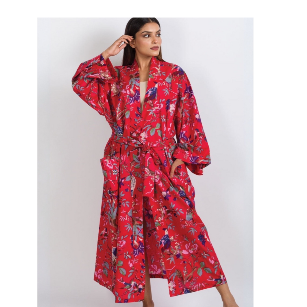 Rani Kimono Robe | Red Multi Birds