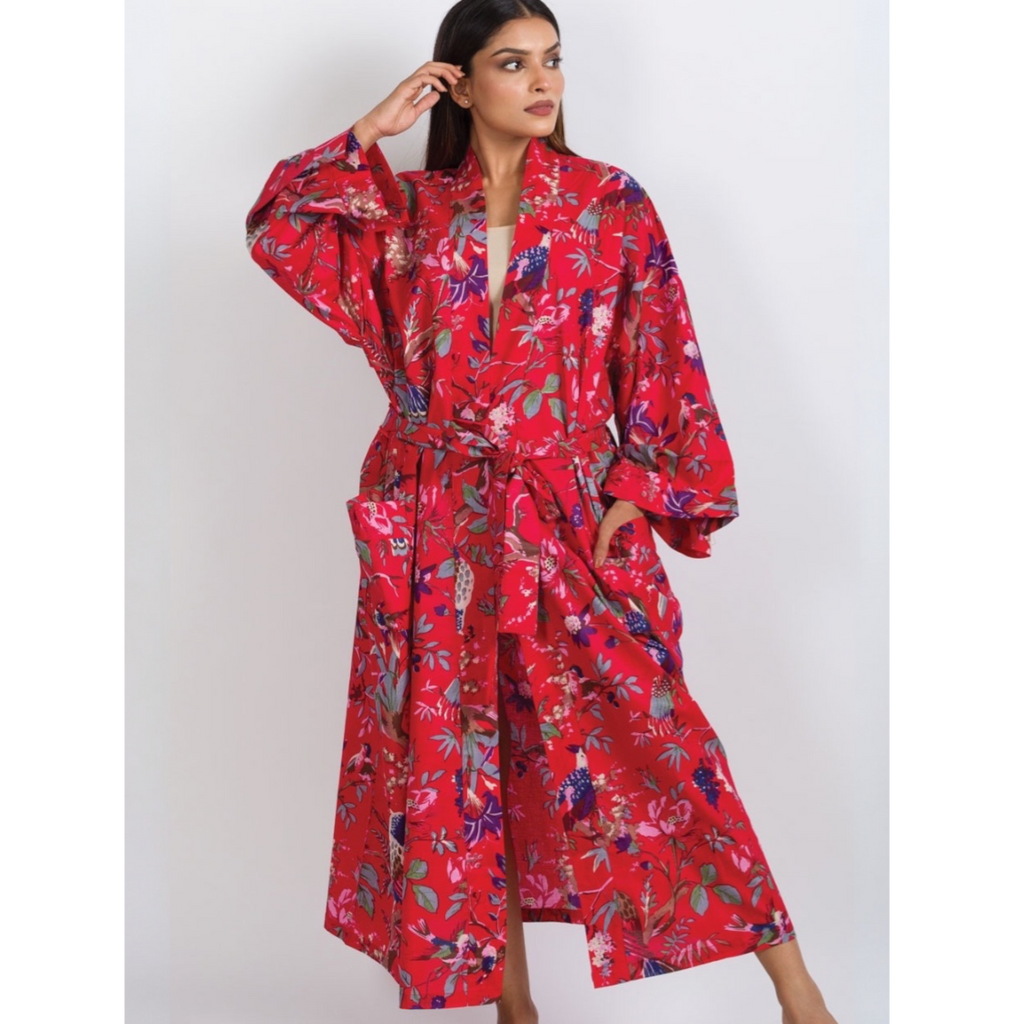 Rani Kimono Robe | Red Multi Birds
