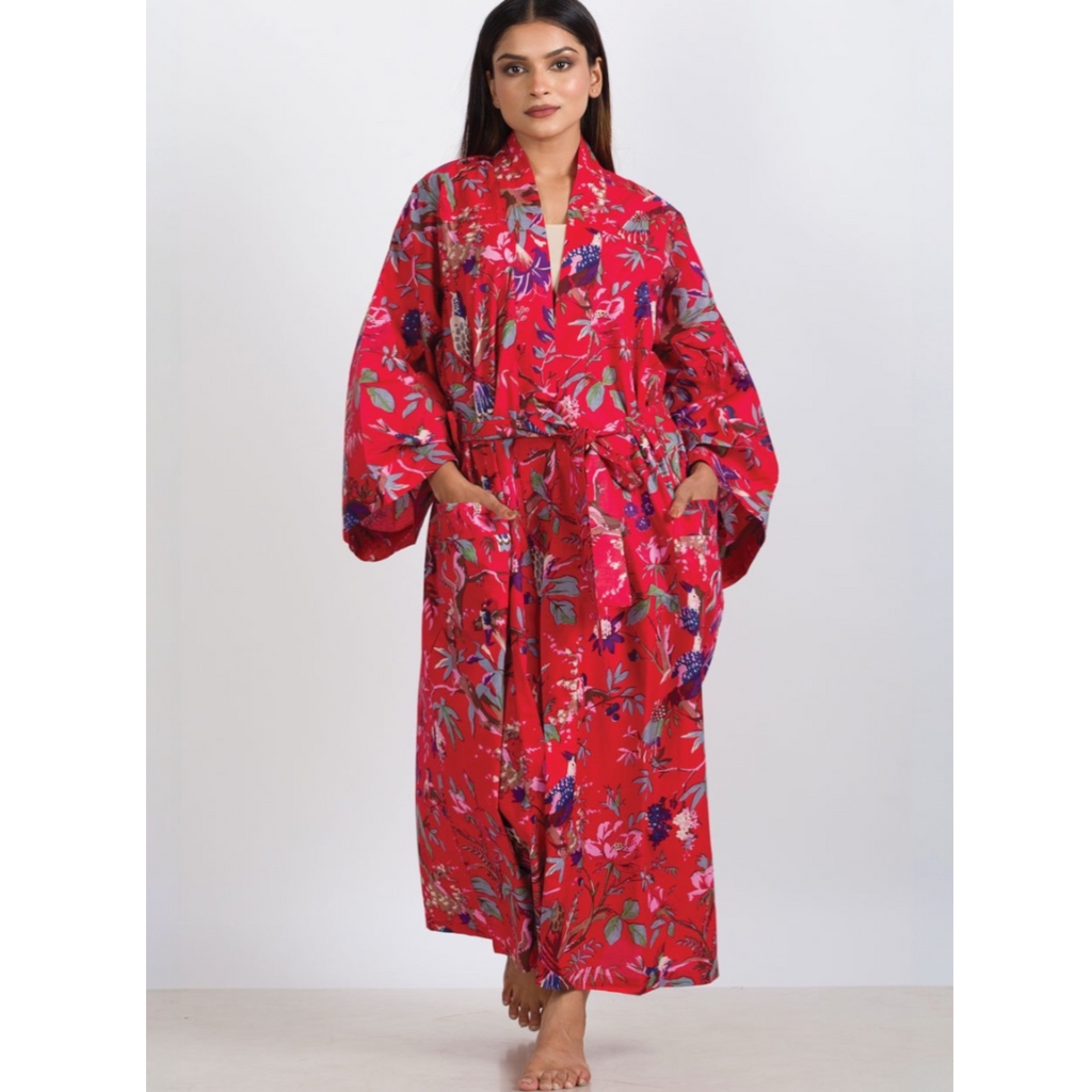 Rani Kimono Robe | Red Multi Birds