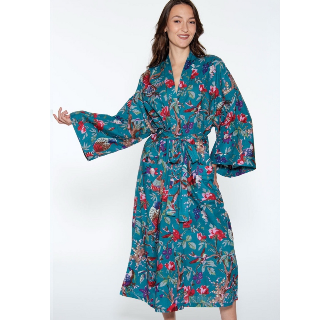 Rani Kimono Robe | Teal & Rose