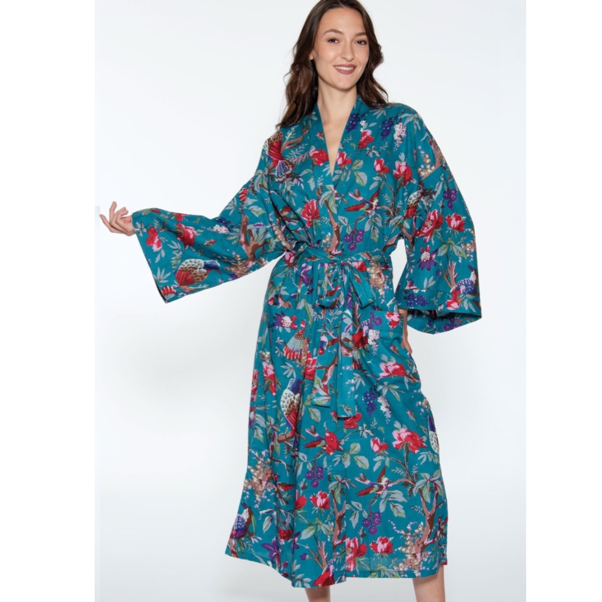 Rani Kimono Robe | Teal & Rose