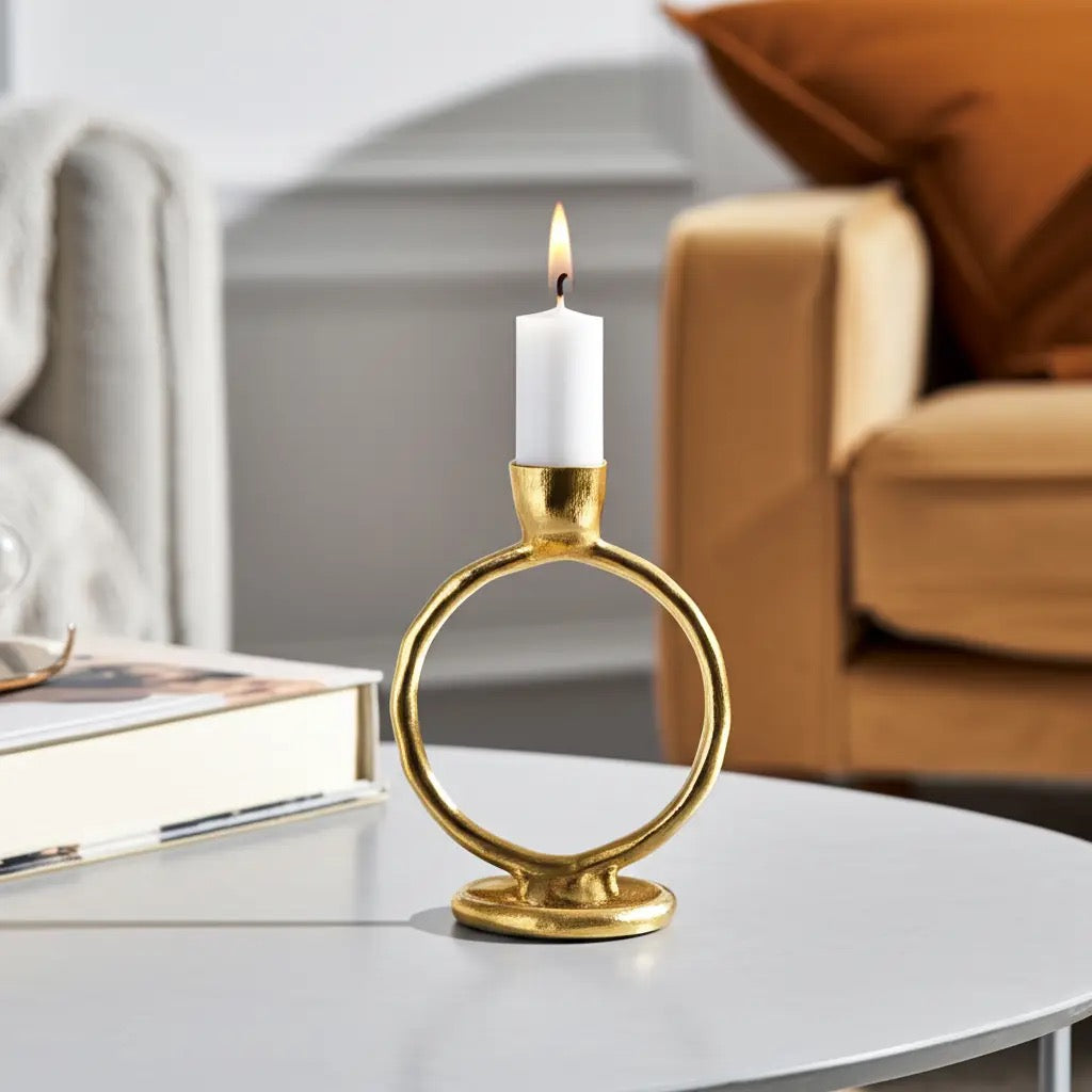 Gold Metal Round Ring Taper Candle Holder | 6"