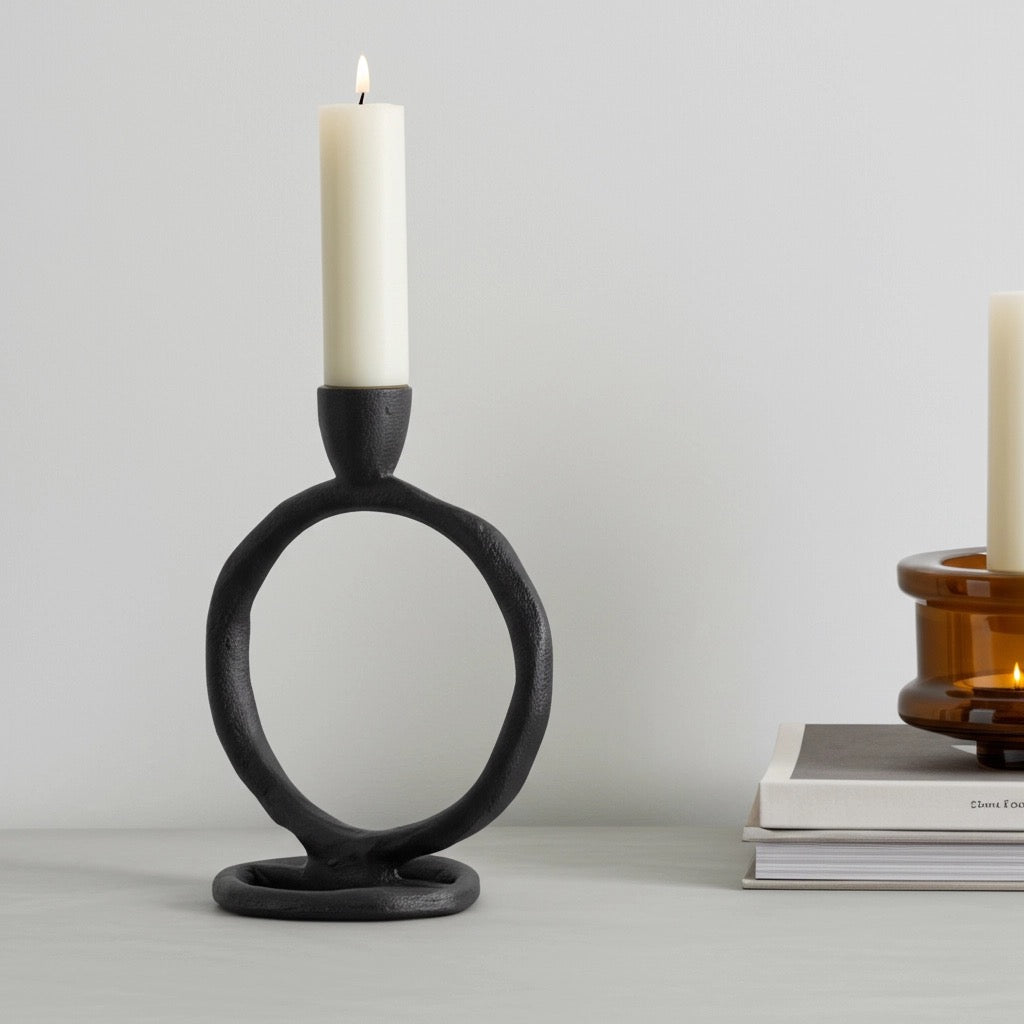 Black Metal Round Ring Taper Candle Holder | 8"