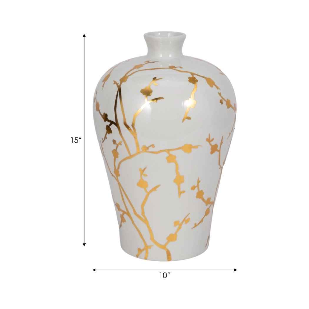White Ceramic Chinoiserie Floral Vase | 15"