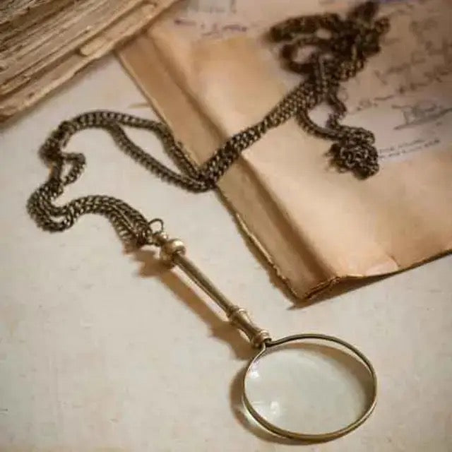 Antiqued Brass Magnifying Glass Necklace | 24" Chain | Vintage Pendant