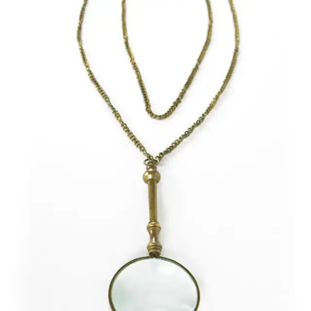 Antiqued Brass Magnifying Glass Necklace | 24" Chain | Vintage Pendant