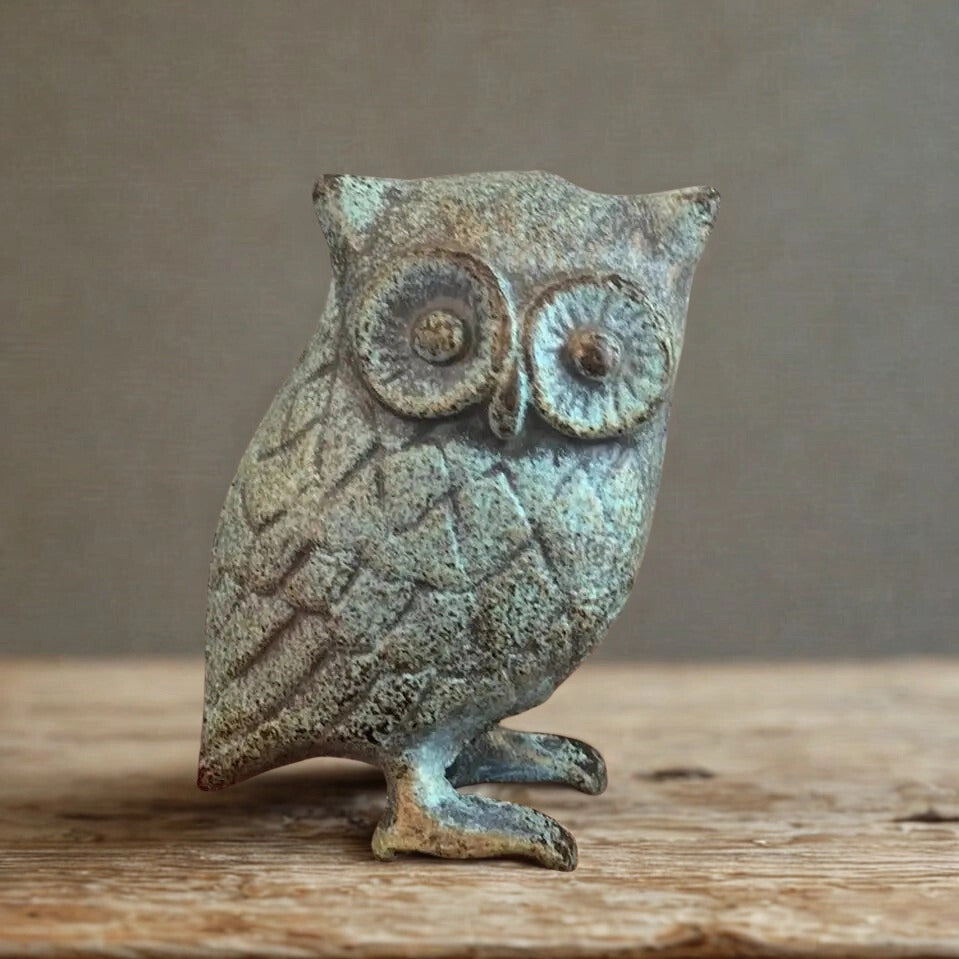 Cast Iron Owl Figurine | Antique Verdigris Finish | Rustic Home Decor