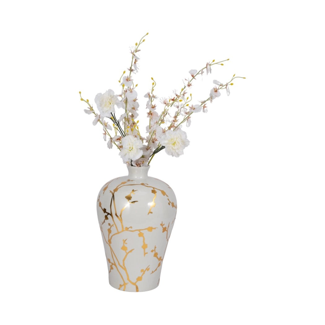 White Ceramic Chinoiserie Floral Vase | 15"