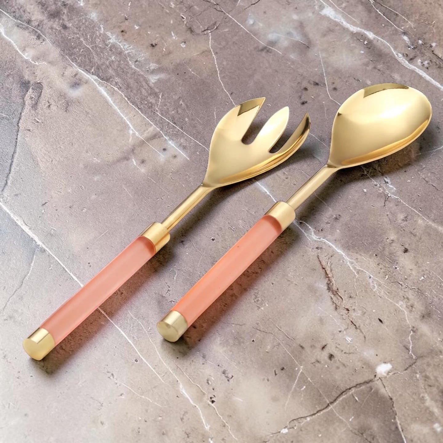 Gold Salad Servers with Blush Resin Handles