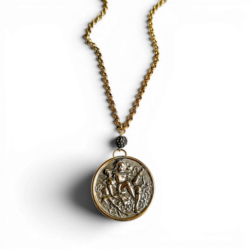 Antique French Figural Medallion Necklace — Jester & Cherub Relief | 18"