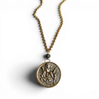 Antique French Figural Medallion Necklace — Jester & Cherub Relief | 18"