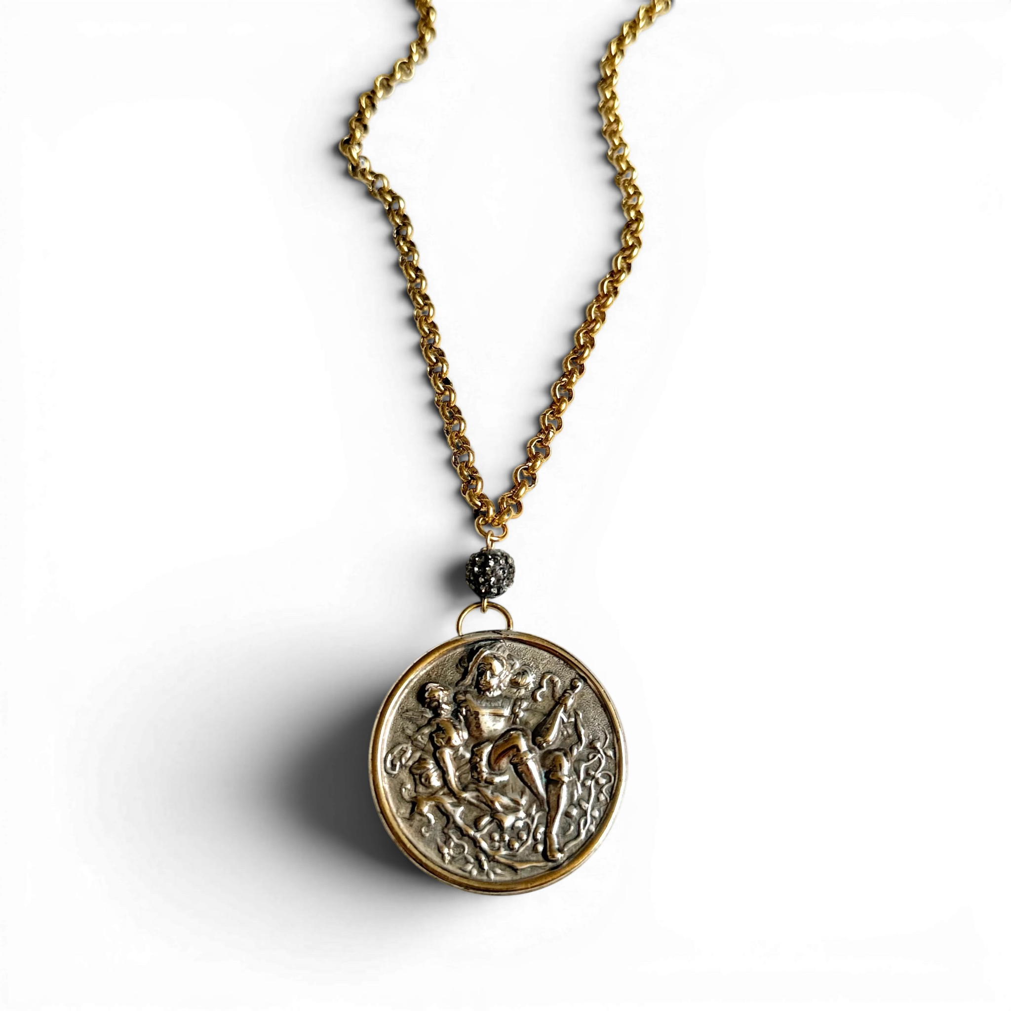 Antique French Figural Medallion Necklace — Jester & Cherub Relief | 18"