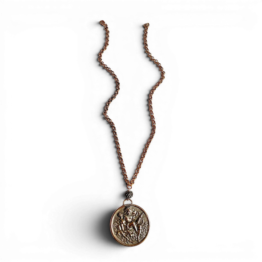 Antique French Figural Medallion Necklace — Jester & Cherub Relief | 18"