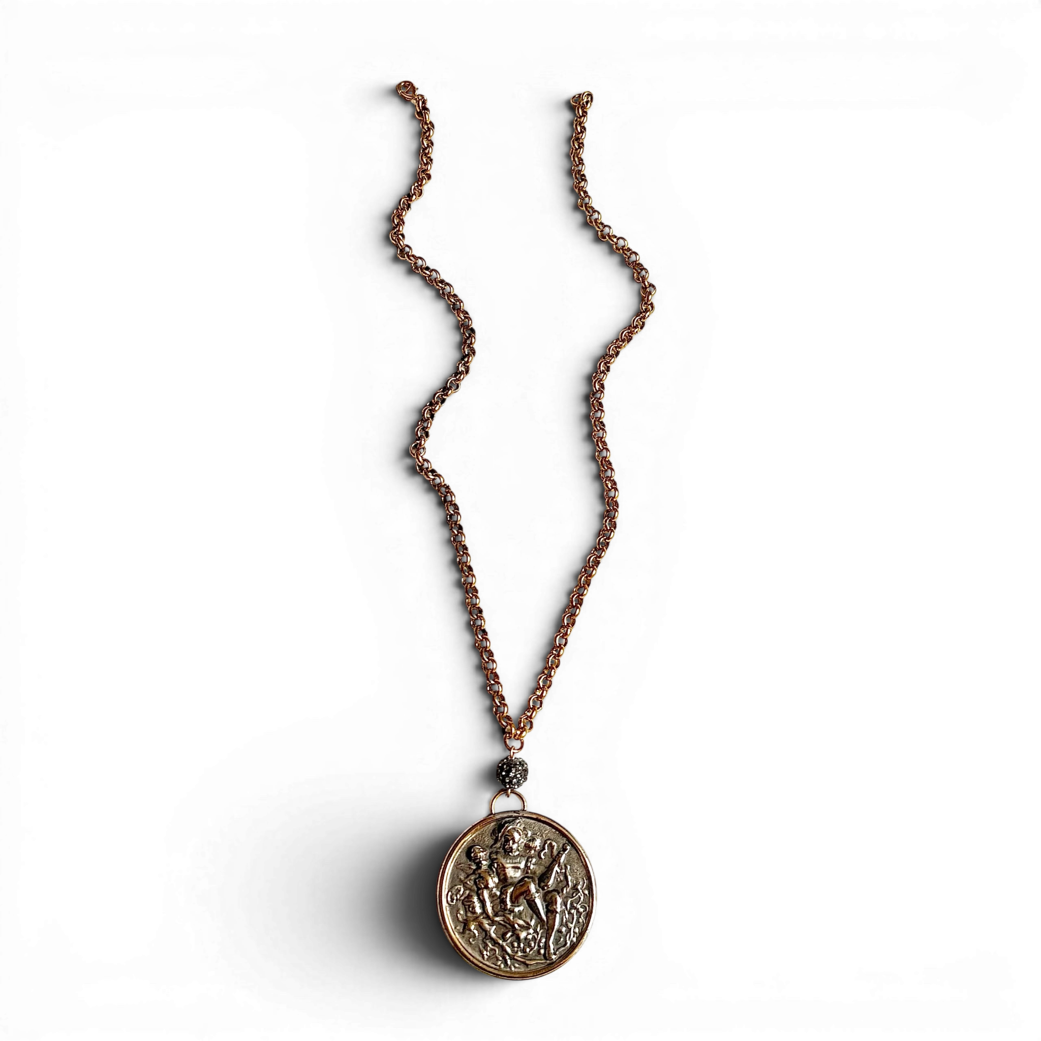 Antique French Figural Medallion Necklace — Jester & Cherub Relief | 18"