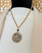 Antique French Figural Medallion Necklace — Jester & Cherub Relief | 18"