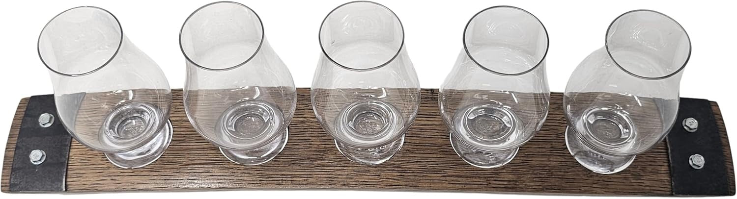 Barrel Stave 5 Glass Whiskey Flight Tray w/ Glencairn Glasses | Dark Walnut