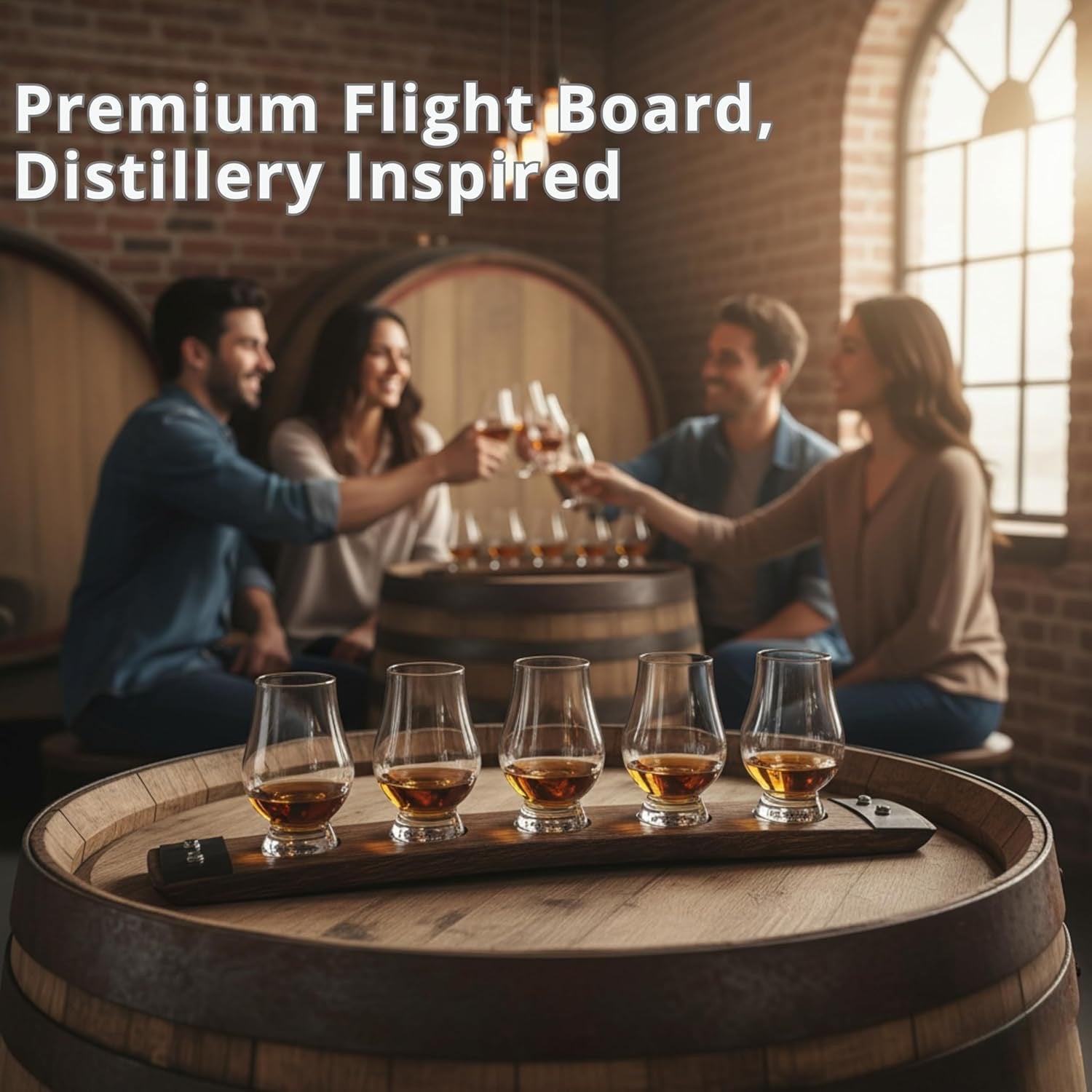 Barrel Stave 5 Glass Whiskey Flight Tray w/ Glencairn Glasses | Dark Walnut