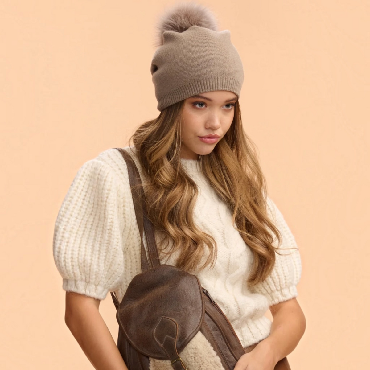Classy Cashmere Detachable Faux Fur Pom Beanie | Taupe