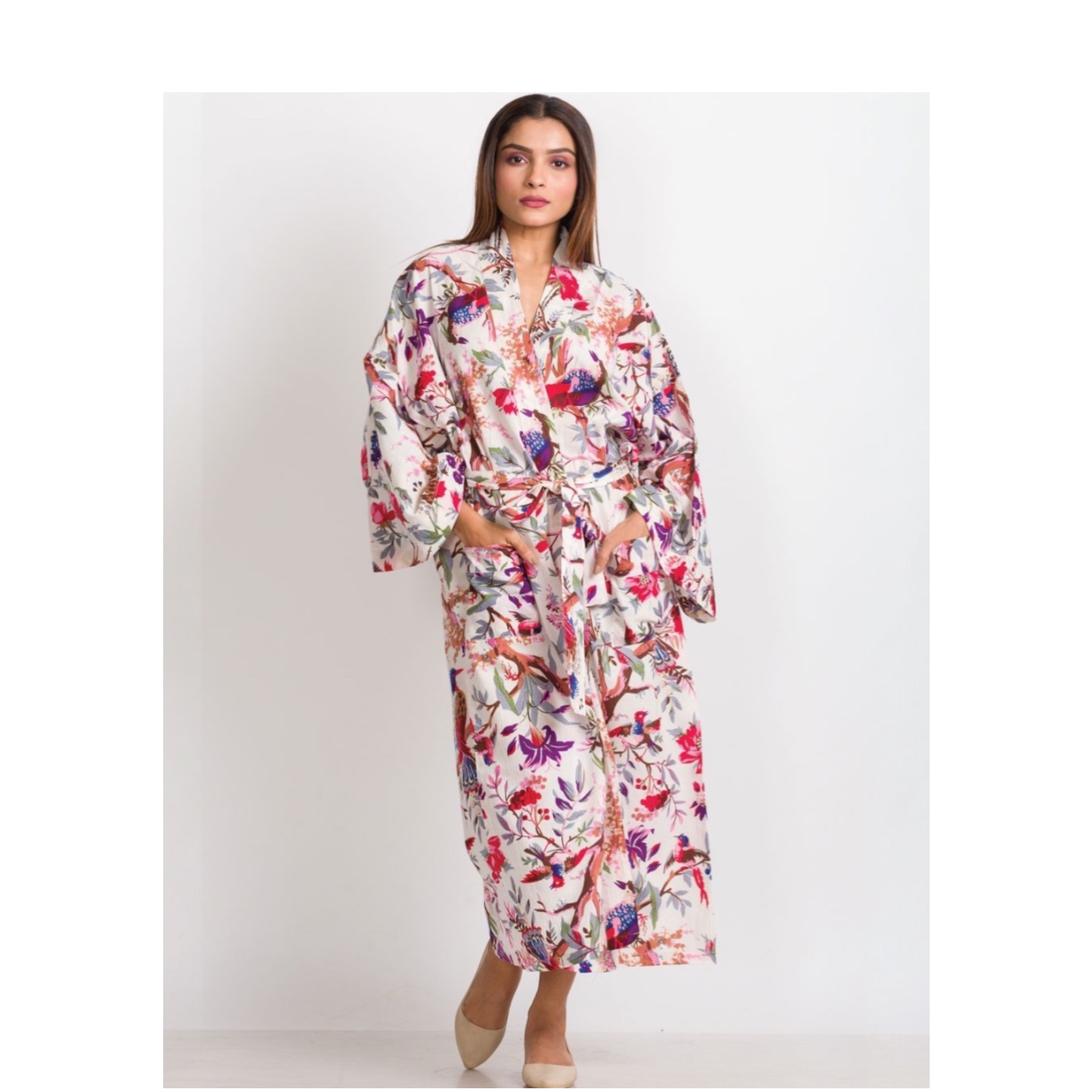 Rani Kimono Robe | Ivory Multi Birds