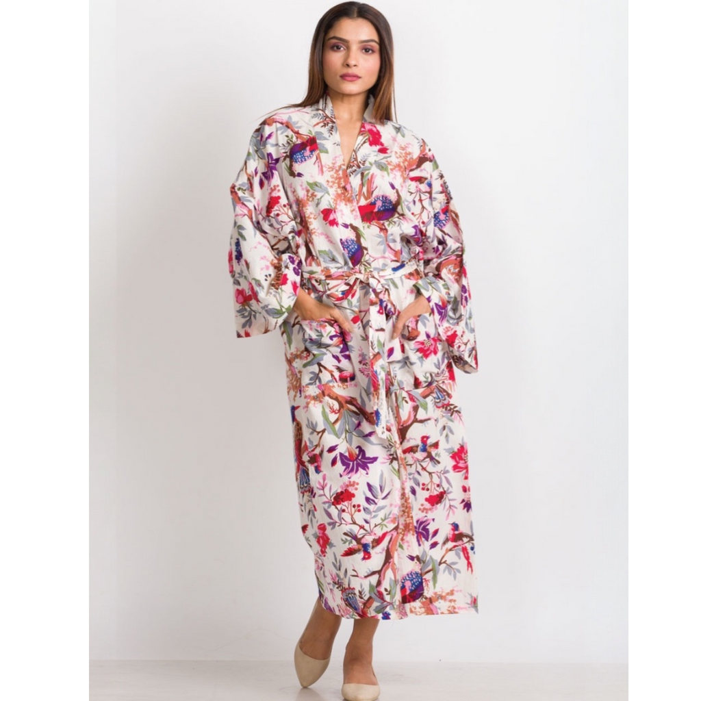 Rani Kimono Robe | Ivory Multi Birds