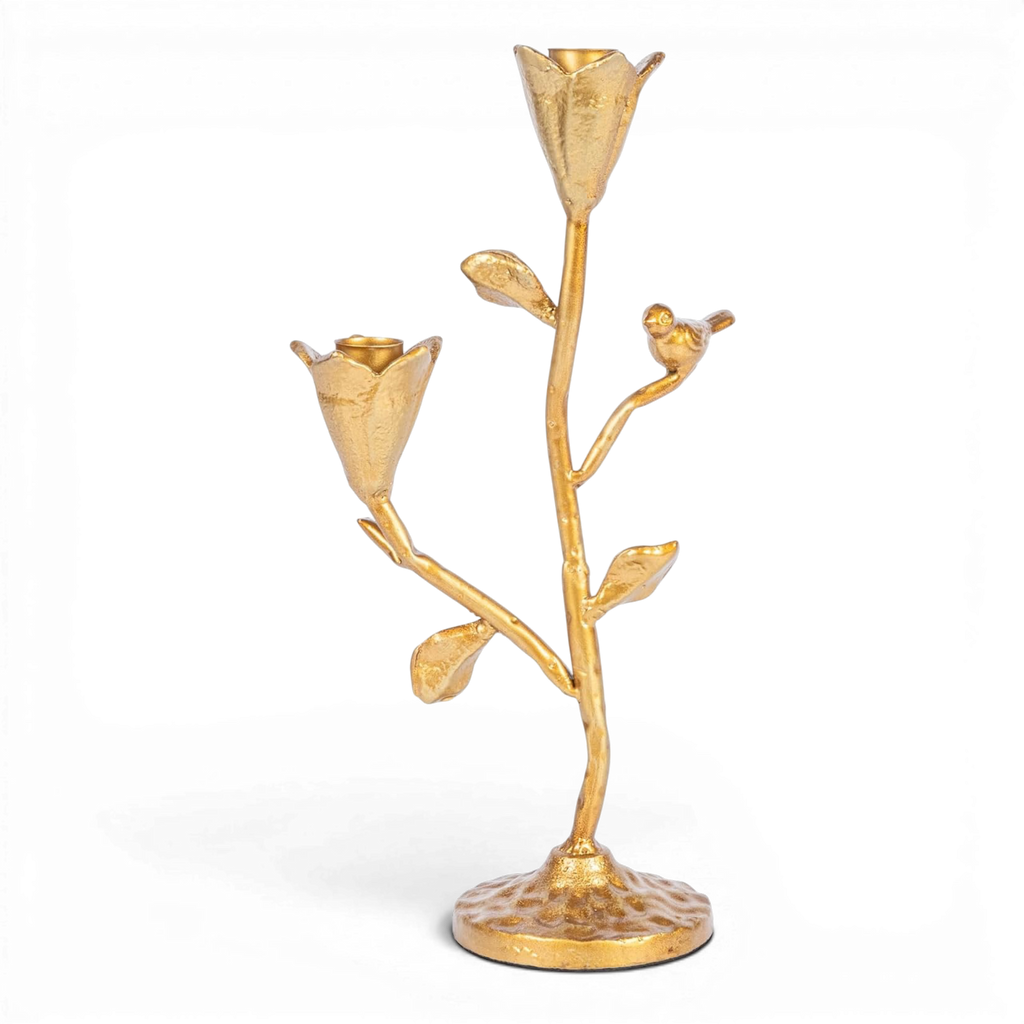 Hand-Forged Cast Iron Candelabra w/ Flowers & Bird