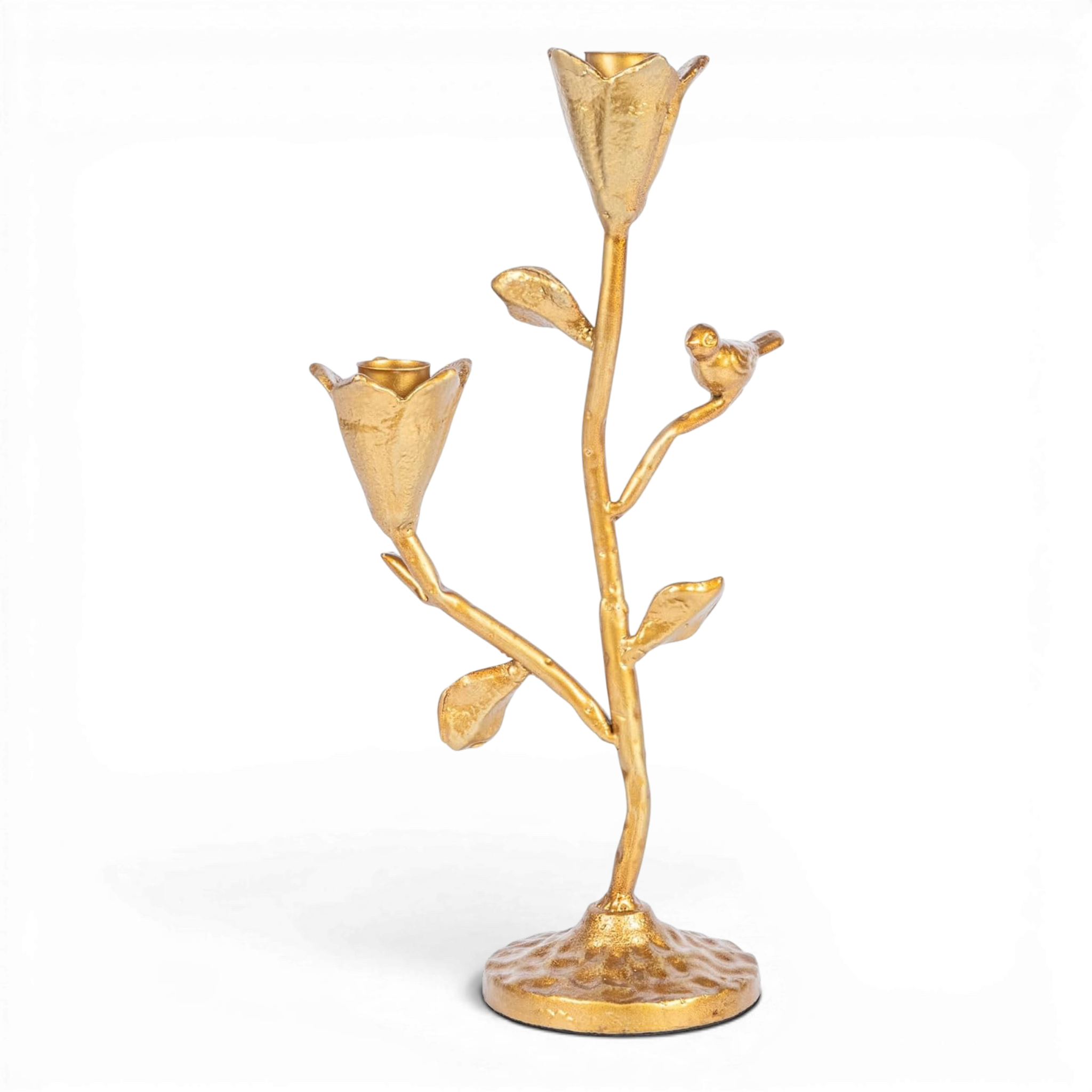Hand-Forged Cast Iron Candelabra w/ Flowers & Bird