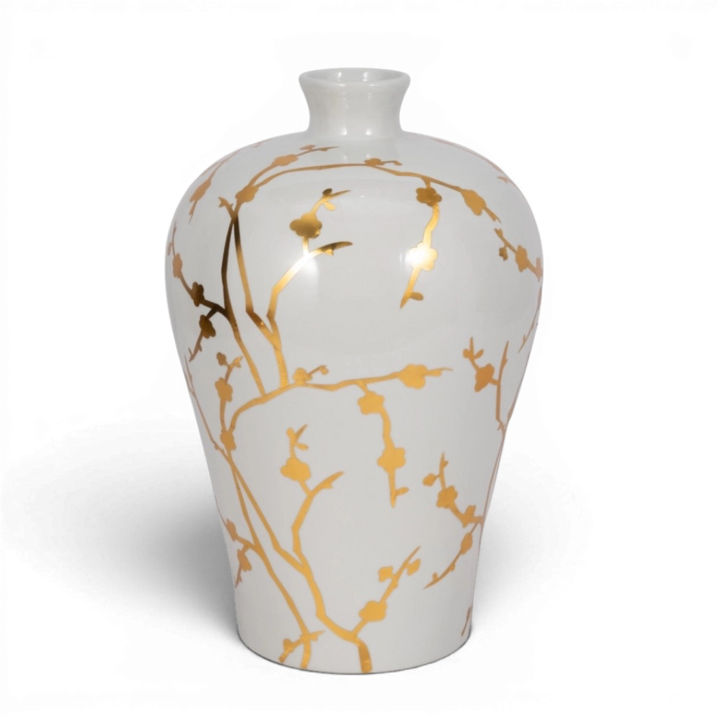 White Ceramic Chinoiserie Floral Vase | 15"