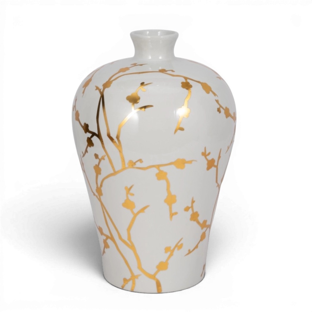 White Ceramic Chinoiserie Floral Vase | 15"