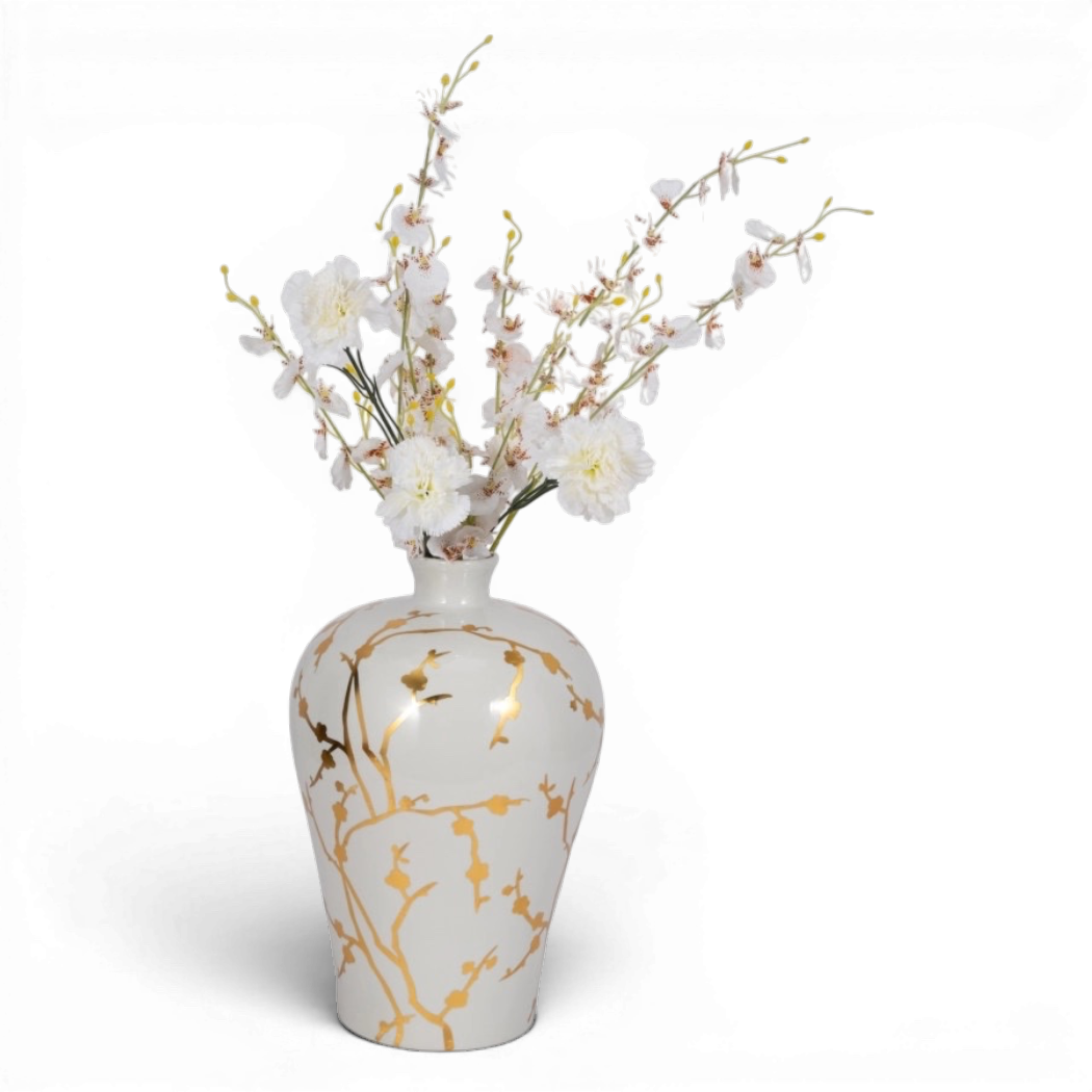 White Ceramic Chinoiserie Floral Vase | 15"