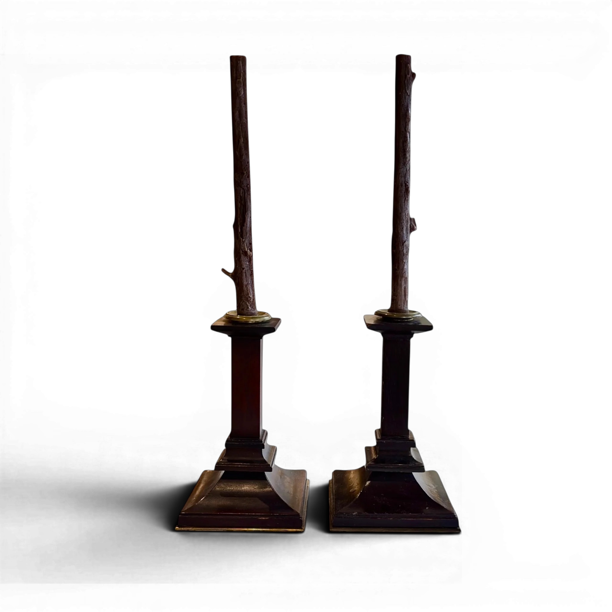 Antique Arts & Crafts Mahogany Candlesticks w/ Brass Trim | Set of 2