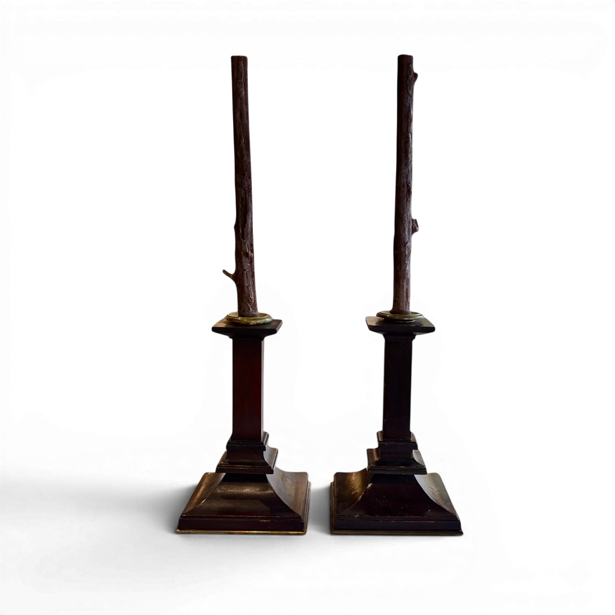 Antique Arts & Crafts Mahogany Candlesticks w/ Brass Trim | Set of 2