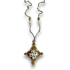 Tibetan Cross Necklace — Brass Filigree Pendant & Antique Rhinestone Brooch | 26"