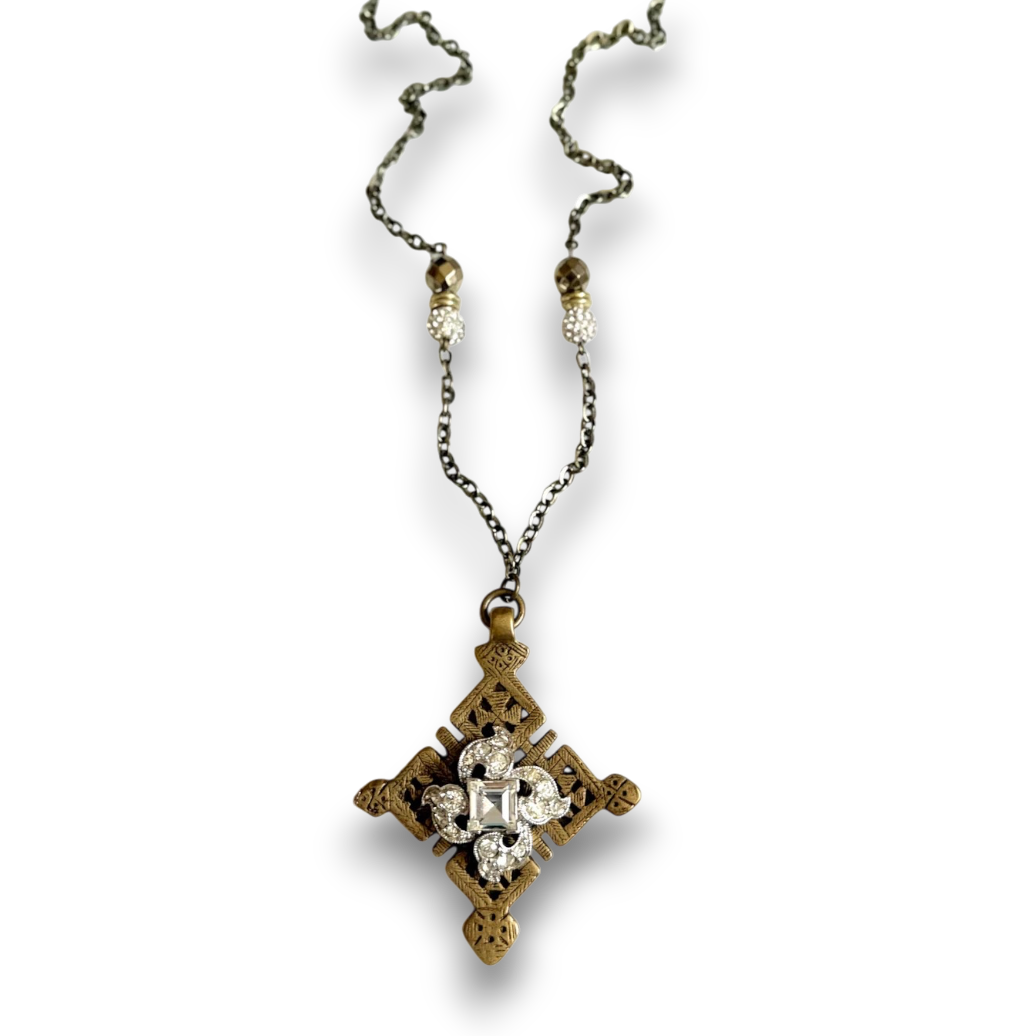 Tibetan Cross Necklace — Brass Filigree Pendant & Antique Rhinestone Brooch | 26"