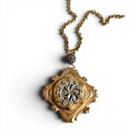 Antique French Brass Medallion Necklace — Scrollwork Cartouche & Silver Pinwheel | 18"