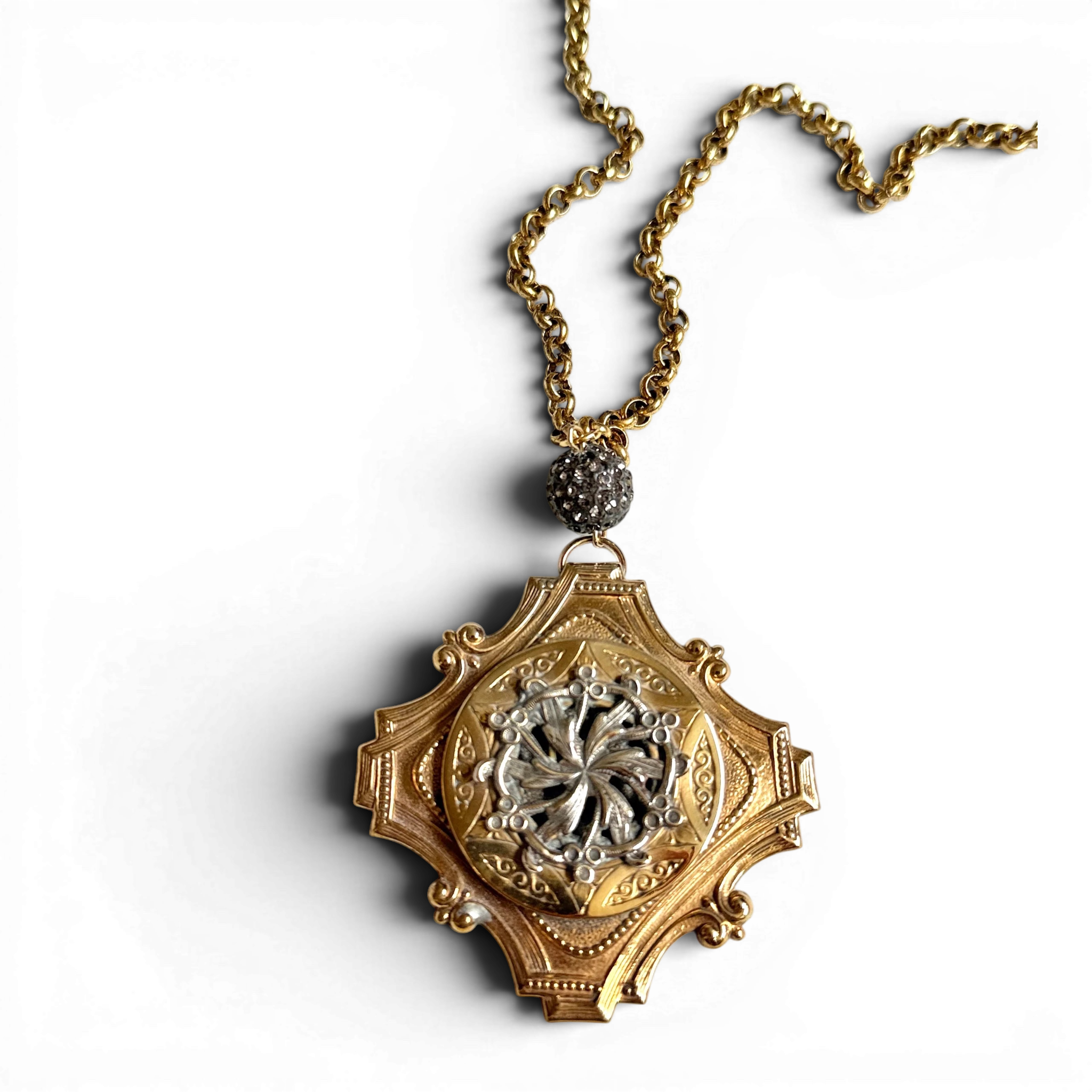 Antique French Brass Medallion Necklace — Scrollwork Cartouche & Silver Pinwheel | 18"