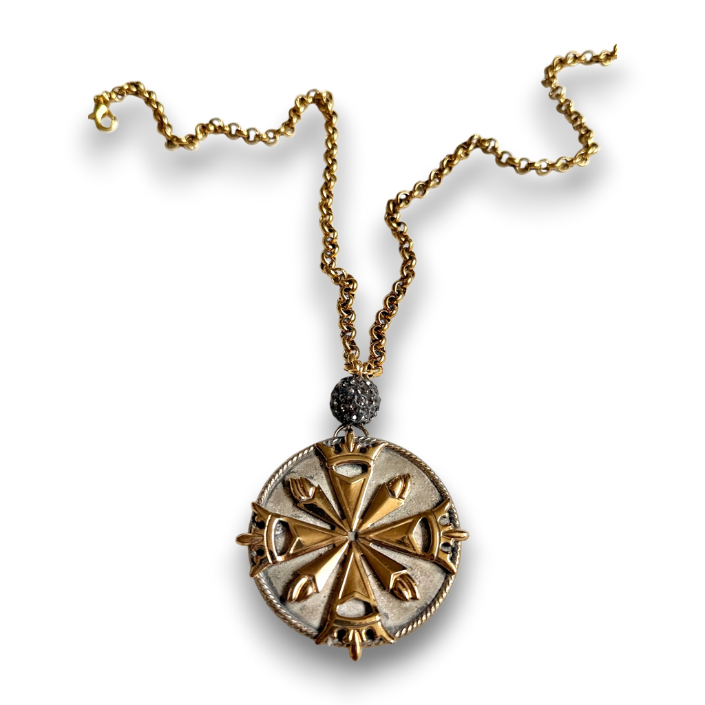 Antique French Brass Compass Rose Medallion Necklace — Gold & Oxidized Silver | 18"