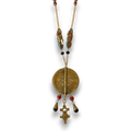 African Brass Sun Pendant Necklace — Filigree Disc, Tuareg Cross Drop & Tibetan Beads | 34"