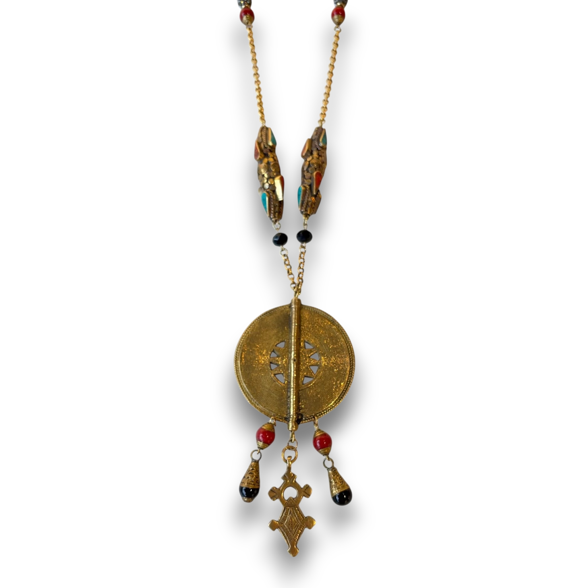 African Brass Sun Pendant Necklace — Filigree Disc, Tuareg Cross Drop & Tibetan Beads | 34"