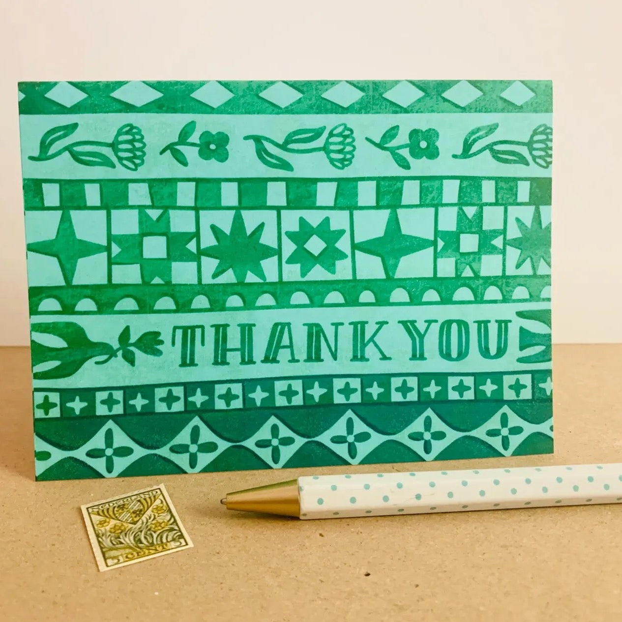 "Thank You" Green & Blue Terra Folk Pattern Stationary Set